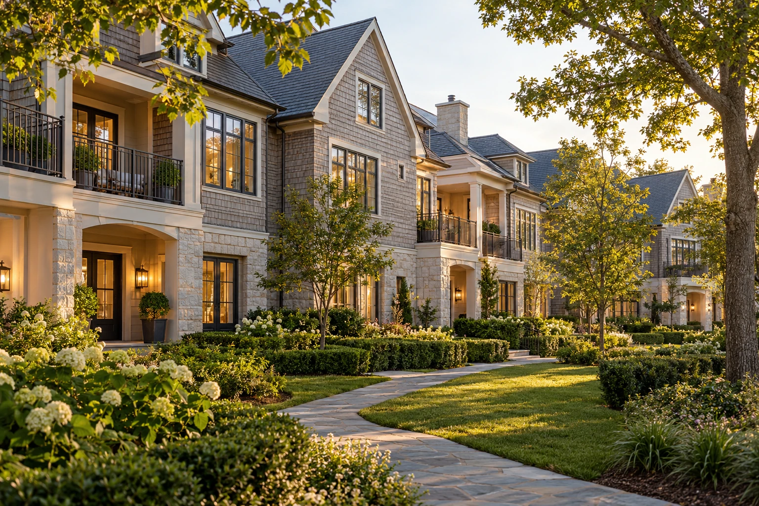 Illustrative AI-created condominium community with landscaped shared grounds