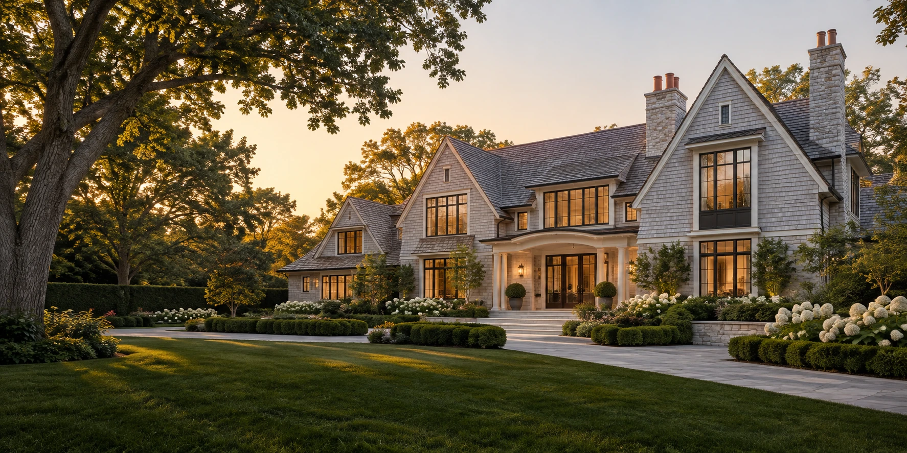 AI-created architectural concept of an elegant coastal estate in warm evening light